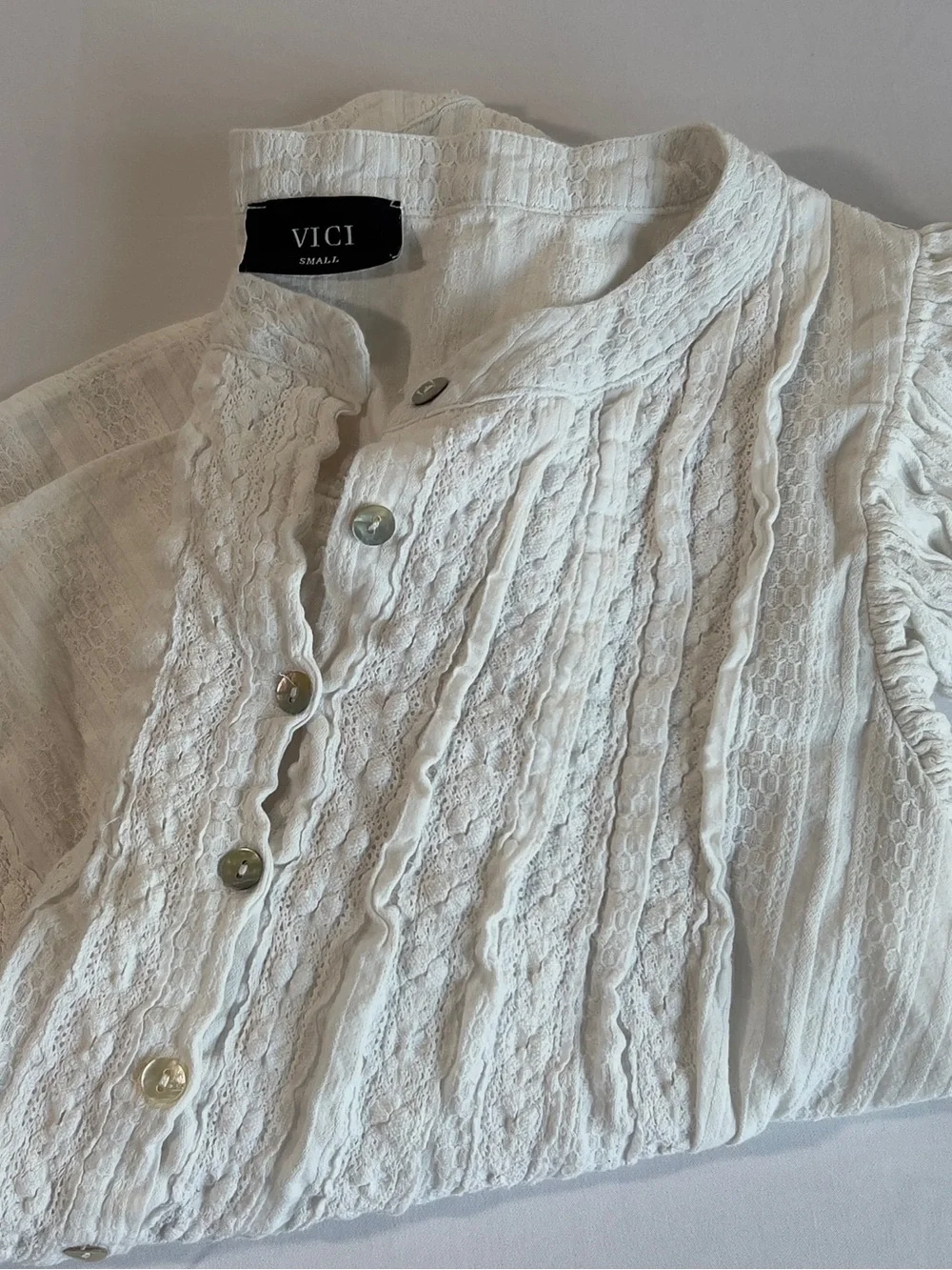 Vici White Ruffled Lace-Front Button Blouse - Picture 4 of 5